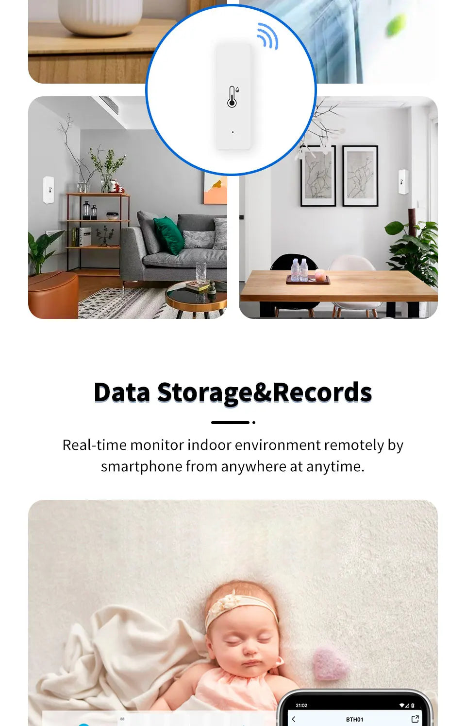Tuya Smart WiFi Temperature Humidity Sensor Indoor Hygrometer Thermometer APP Remote Monitor Compatible with Alexa Google REINA.
