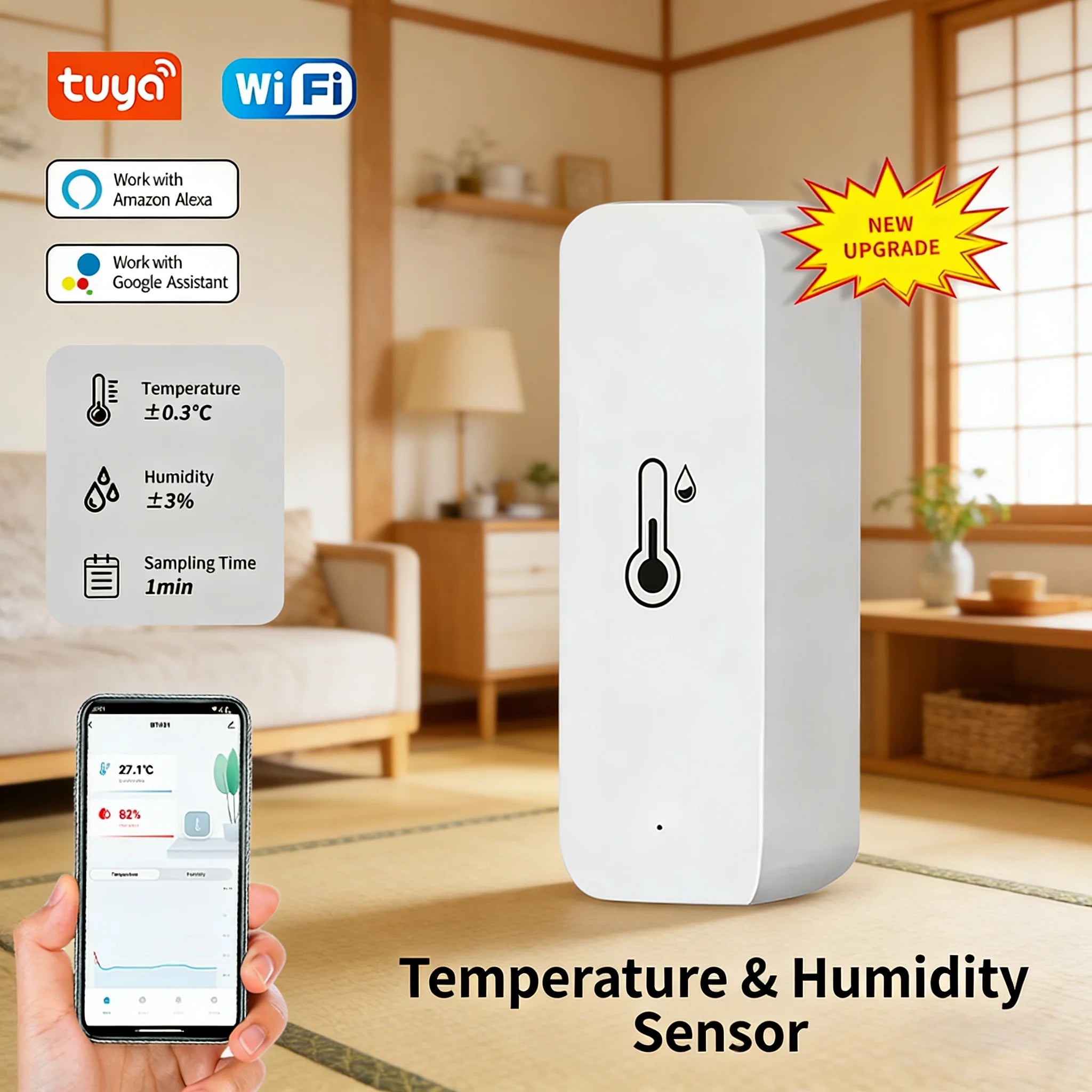 Tuya Smart WiFi Temperature Humidity Sensor Indoor Hygrometer Thermometer APP Remote Monitor Compatible with Alexa Google REINA.