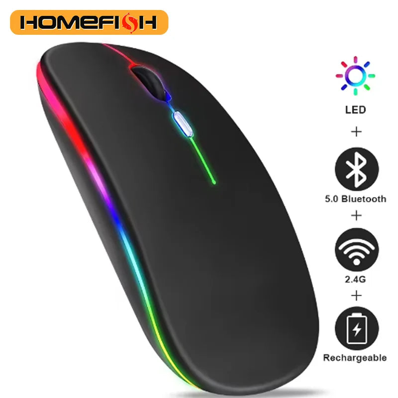 HOMEFISH PHONEPACE Dual Mode Wireless Mouse 2.4G Bluetooth Rechargeable Silent LED Backlit Optical Mice for PC Laptop REINA.