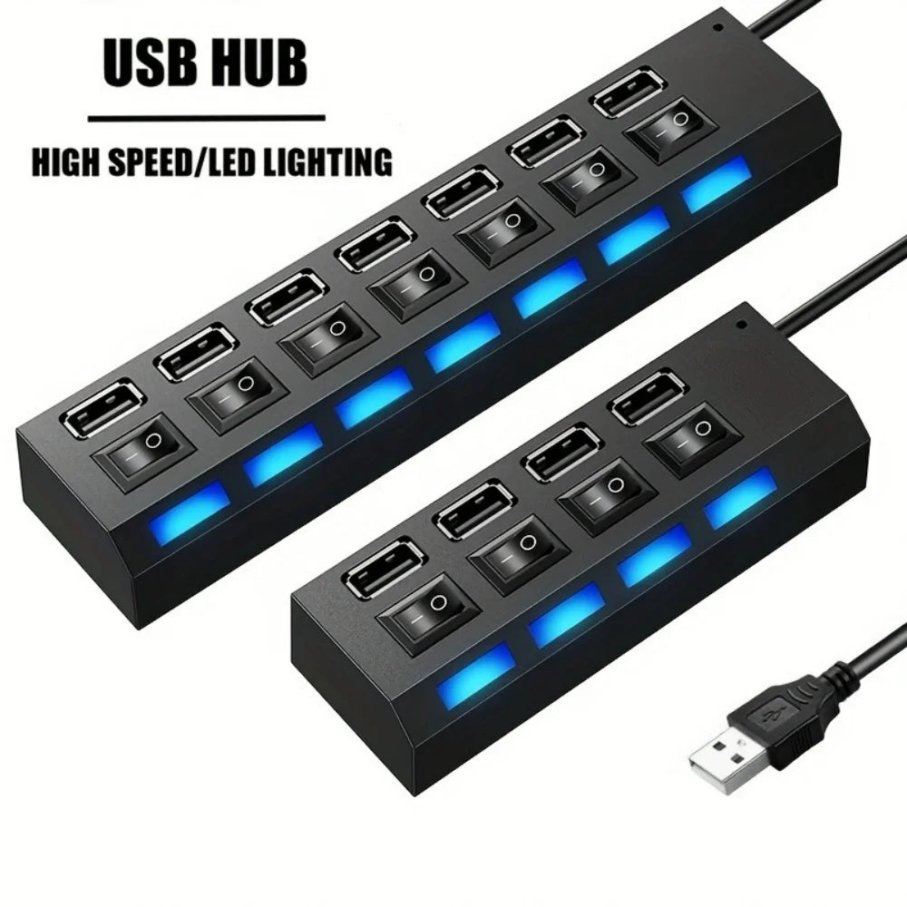 7 Ports USB 2.0 Hub LED 5Gbps High Speed Multiports USB Power Adapter Expander USB Splitter With Switch For Laptop Computer Home REINA.