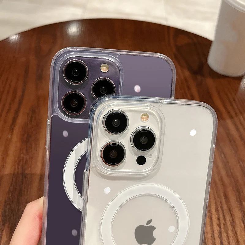 For Magesafe Magnetic Transparent Wireless Charge Case For iPhone 11 12 13 14 15 16 17 Air Pro Max Plus Mini Shockproof PC Cover REINA.