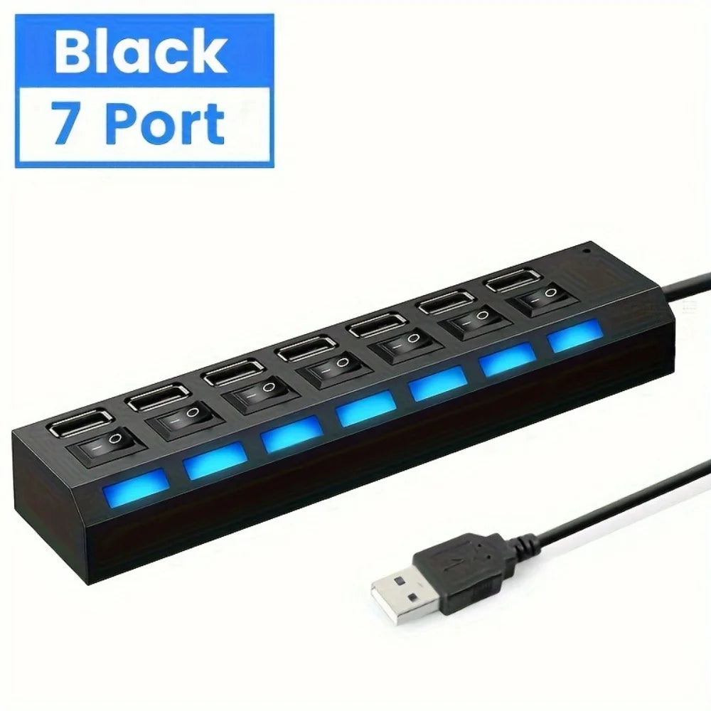 7 Ports USB 2.0 Hub LED 5Gbps High Speed Multiports USB Power Adapter Expander USB Splitter With Switch For Laptop Computer Home REINA.