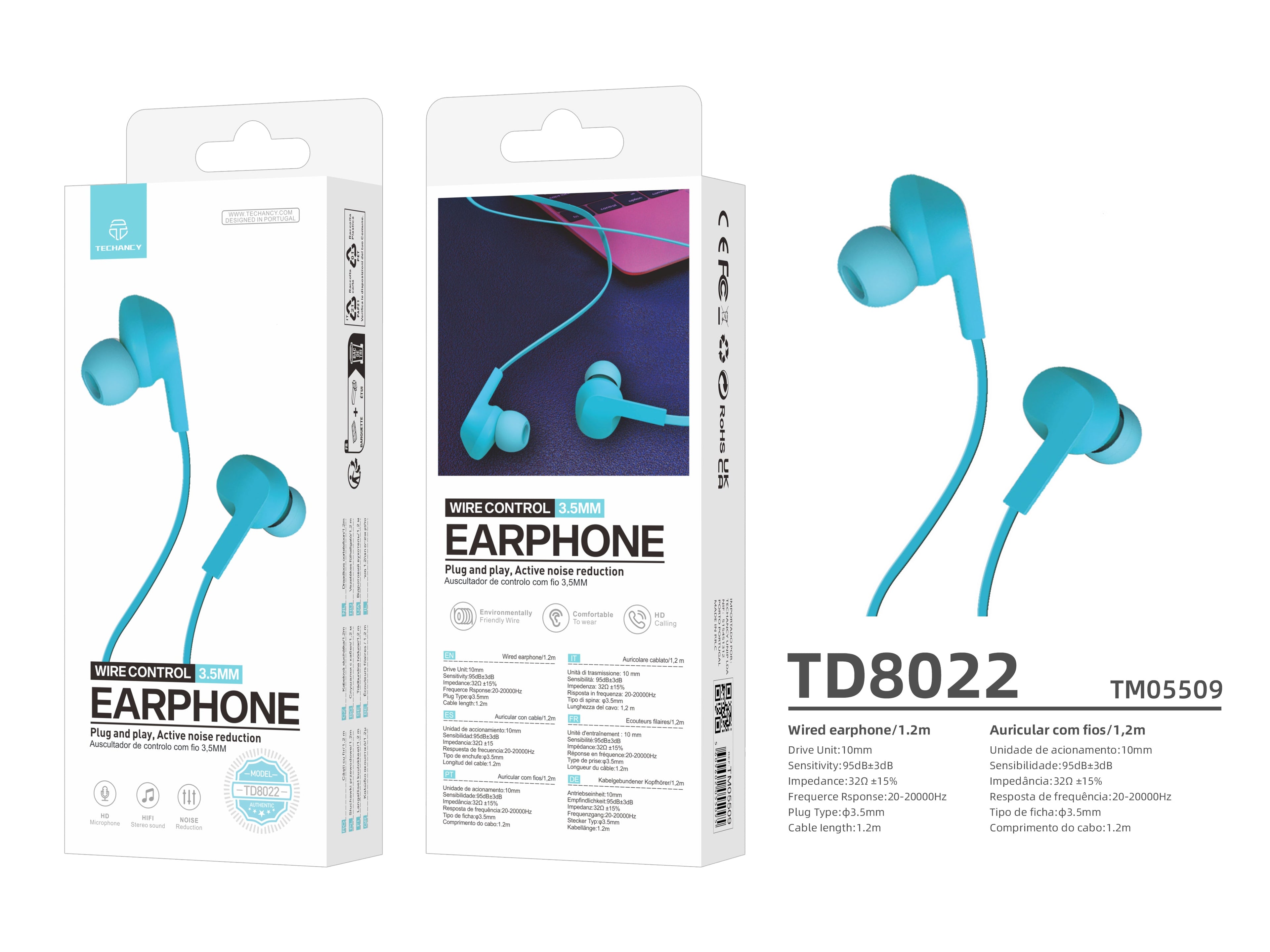 Techancy Auricular Com Fios Azul  TD8022 , Microfone Integrado, 3,5 Mm, Compatível Com Smartphones E Tablets REINA.