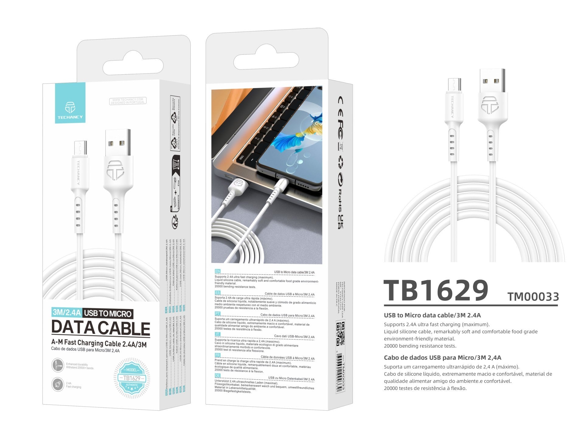 Techancy Cabo De Dados Branco TB1629, Cabo De Carregamento Rápido Usb Para Micro, 3 M/2,4 A, Compatível Com Dispositivos Android REINA.