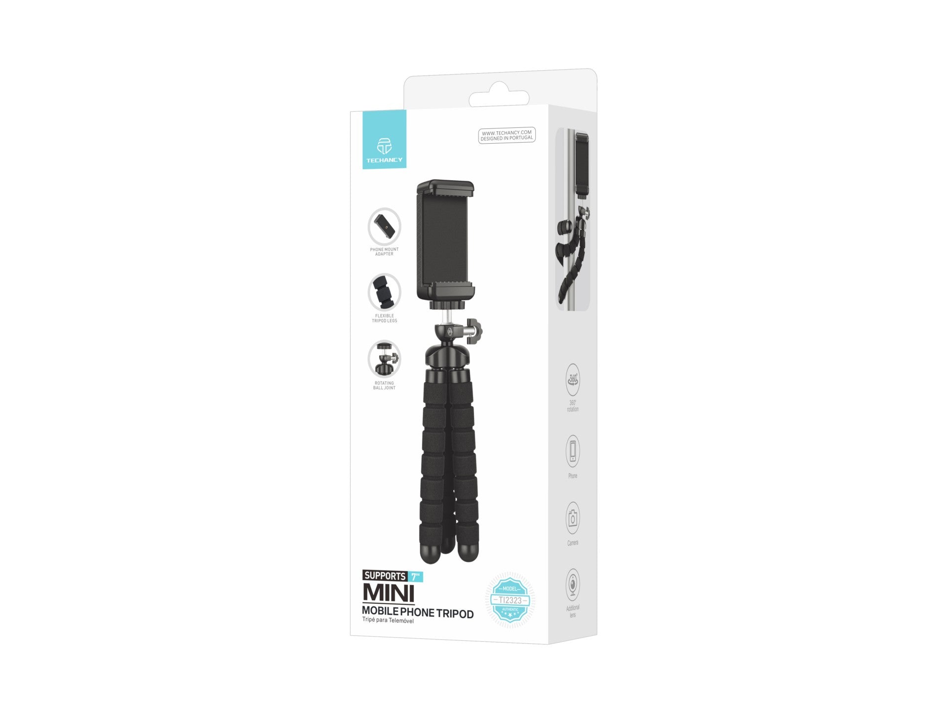 Techancy Mini Tripé Preto Ti2323 Com Pernas Dobráveis, Incl. Cabeça Esférica, Rotação De 360° Para Câmaras E Telemóveis REINA.