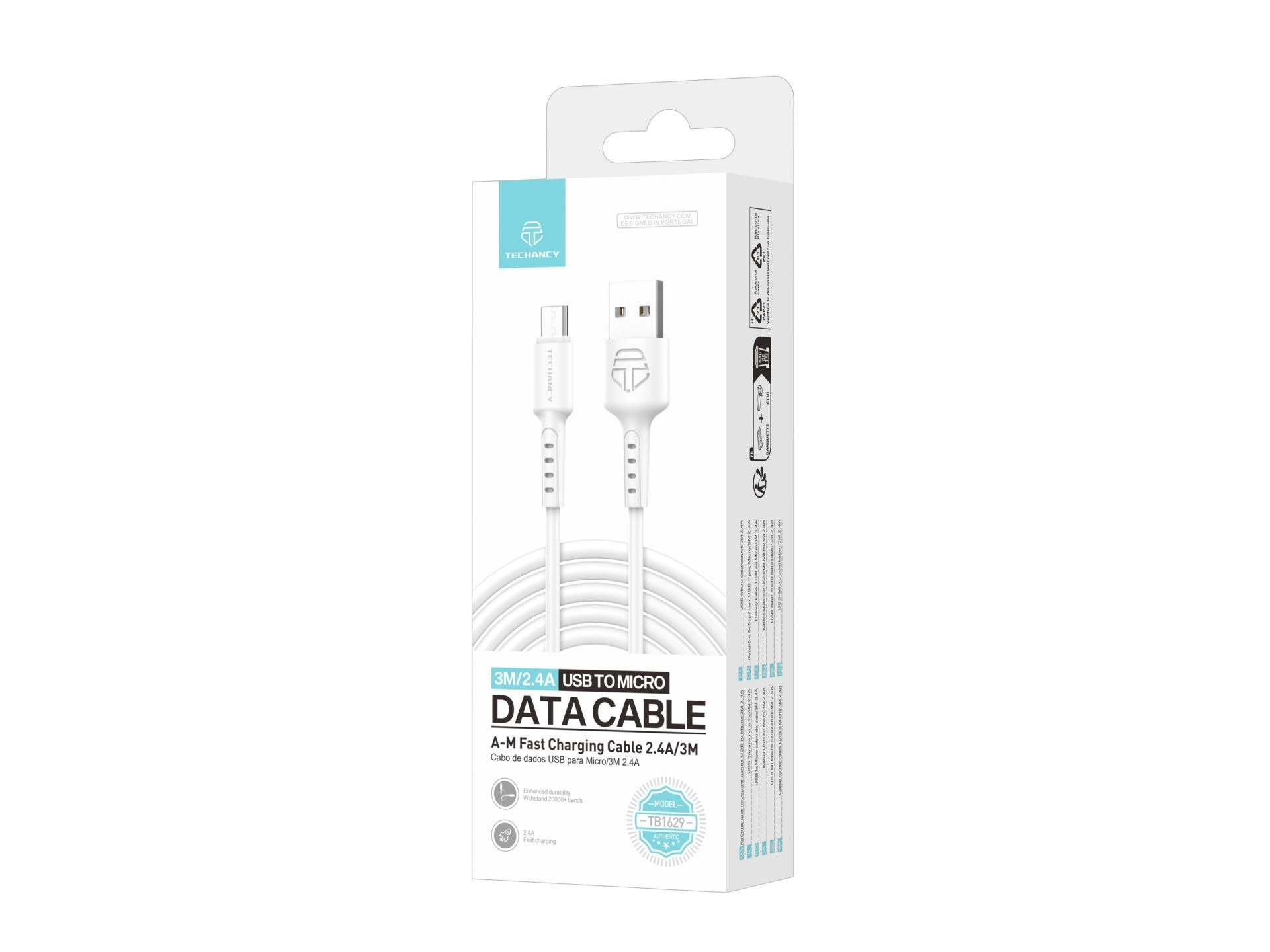 Techancy Cabo De Dados Branco TB1629, Cabo De Carregamento Rápido Usb Para Micro, 3 M/2,4 A, Compatível Com Dispositivos Android REINA.
