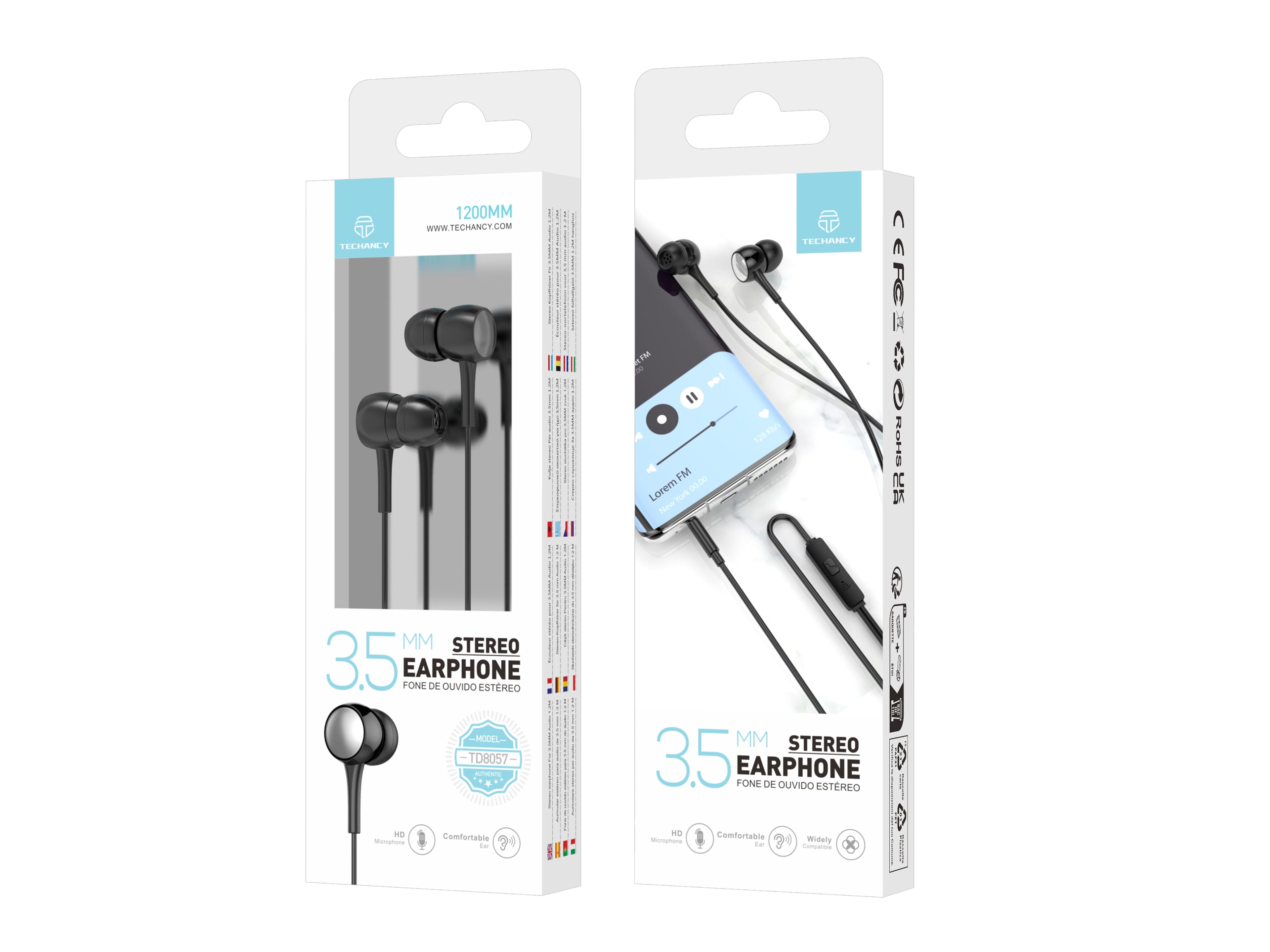 Techancy Auscultadores Intra-Auriculares Com Fios Pretos 1,2 M TD8057, Tomada De 3,5 Mm Compatível Com Telemóveis/Pc/Mp3, Etc. REINA.