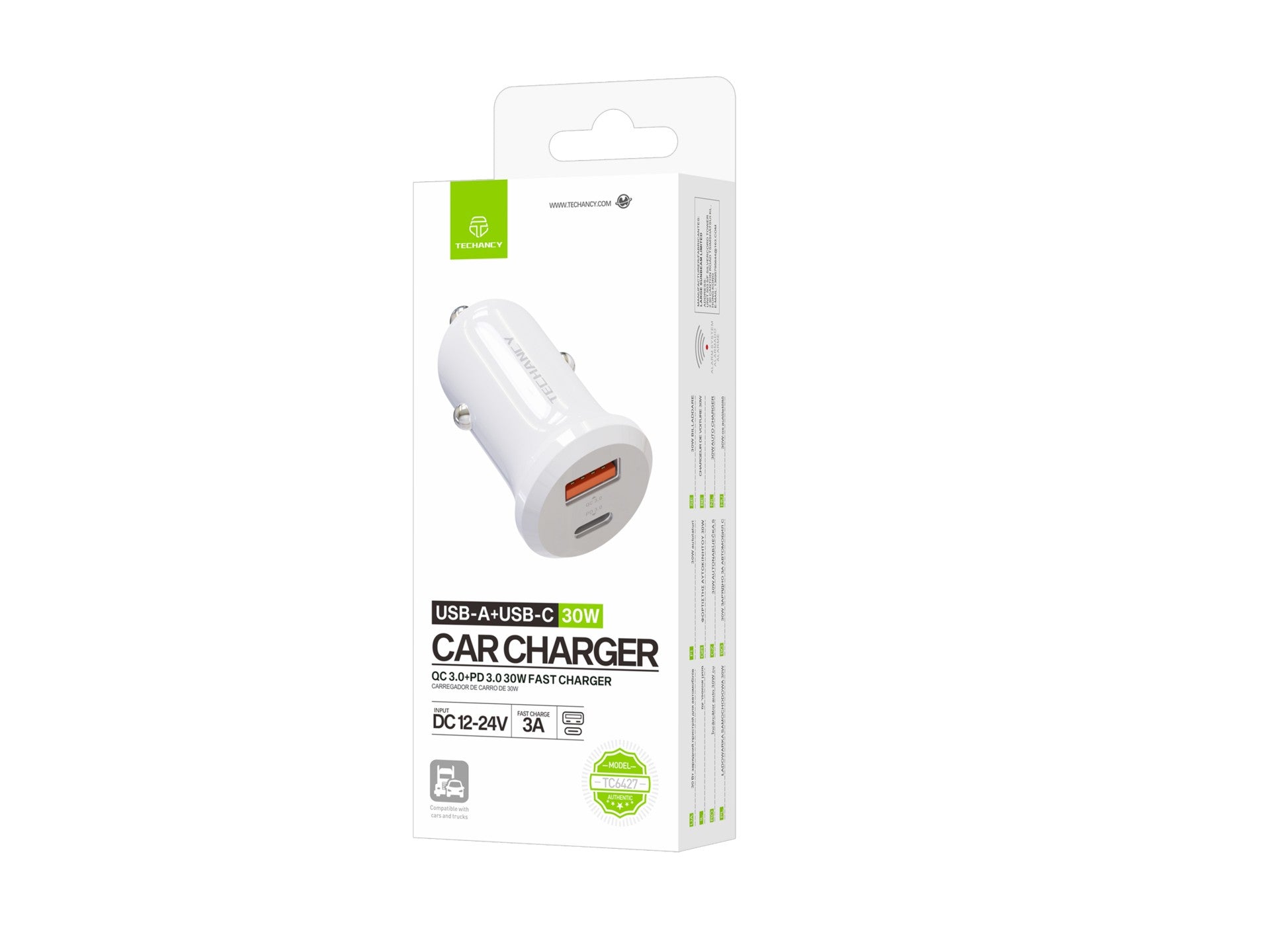 Techancy Carregador de Carro 30W TC6427 USB-A+USB-C Carregamento Rapido QC3.0 PD3.0 Compativel com Telemoveis Tablets Auriculares 12V-24V REINA.