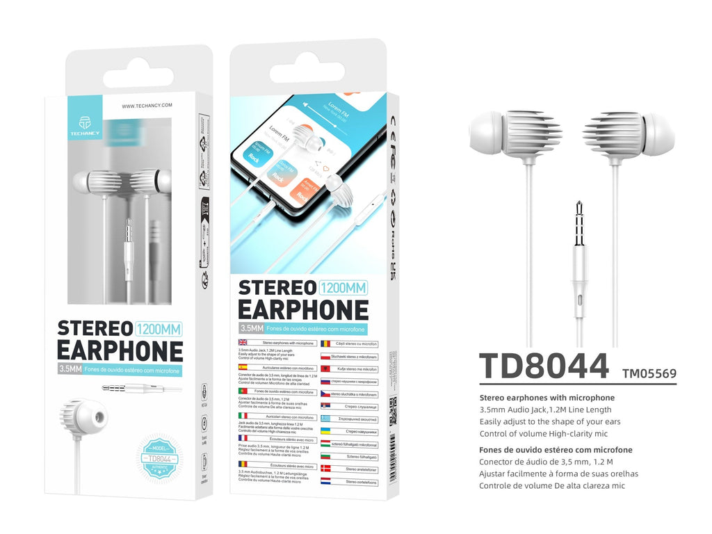 Techancy Auricular Com Fio Branco TD8044, 3,5 Mm Para Conversação Com Microfone, Compatível Com Som Estéreo Para Jogos REINA.
