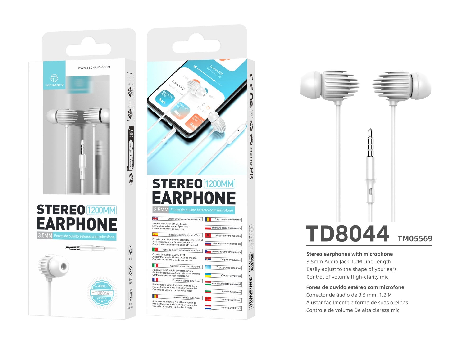 Techancy Auricular Com Fio Branco TD8044, 3,5 Mm Para Conversação Com Microfone, Compatível Com Som Estéreo Para Jogos REINA.