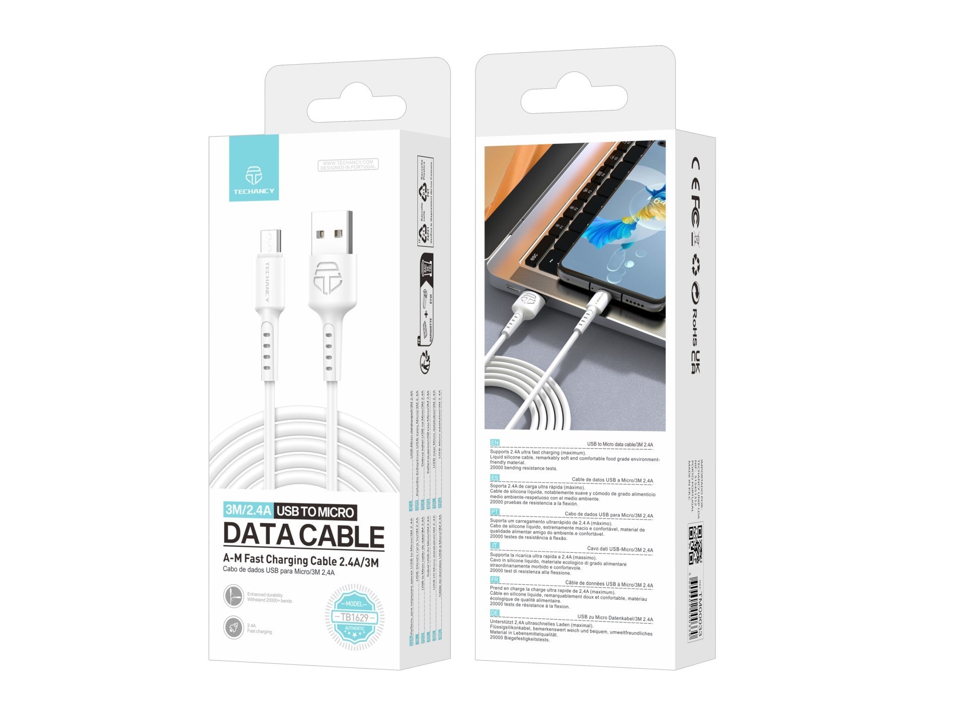 Techancy Cabo De Dados Branco TB1629, Cabo De Carregamento Rápido Usb Para Micro, 3 M/2,4 A, Compatível Com Dispositivos Android REINA.