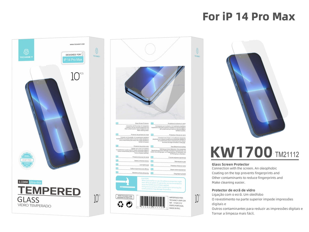Techancy Película de Vidro Temperado  para iPhone 14 Pro Max KW1700 , 0.33MM, Anti-riscos, Alta Transparência, Fácil Aplicação REINA.