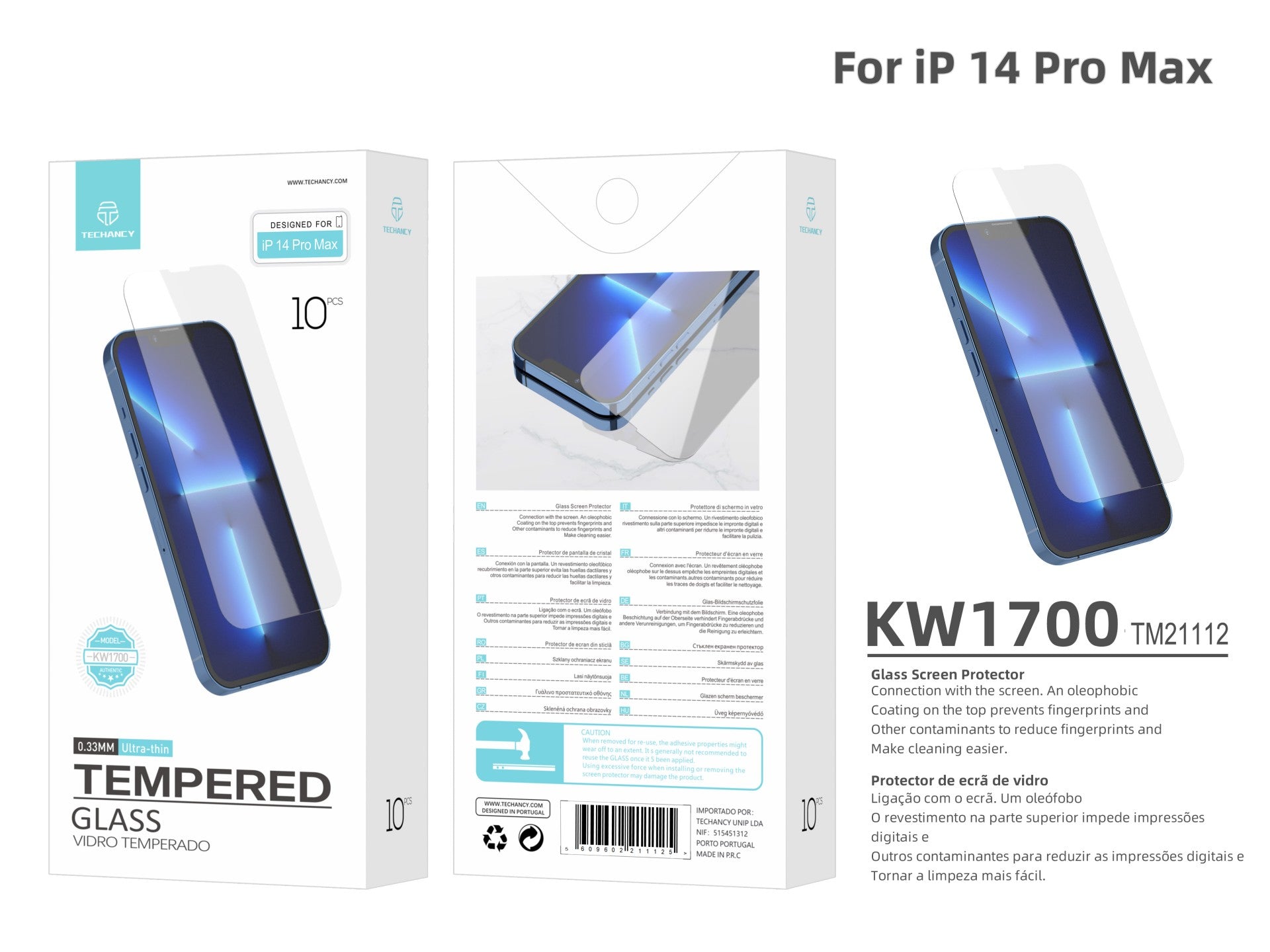 Techancy Película de Vidro Temperado  para iPhone 14 Pro Max KW1700 , 0.33MM, Anti-riscos, Alta Transparência, Fácil Aplicação REINA.