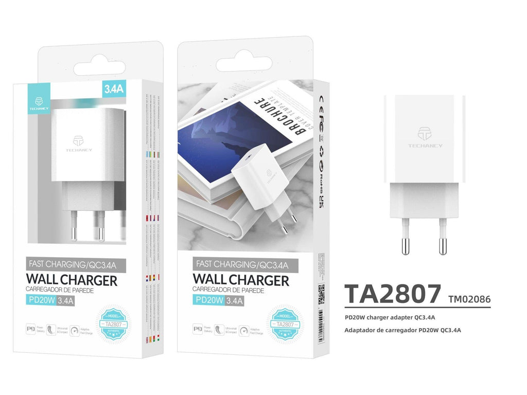 Techancy Carregador De Parede Pd Branco TA2807, Carregamento Rápido 3.4A Pd20W, Alimentação Inteligente Para Telemóvel-2