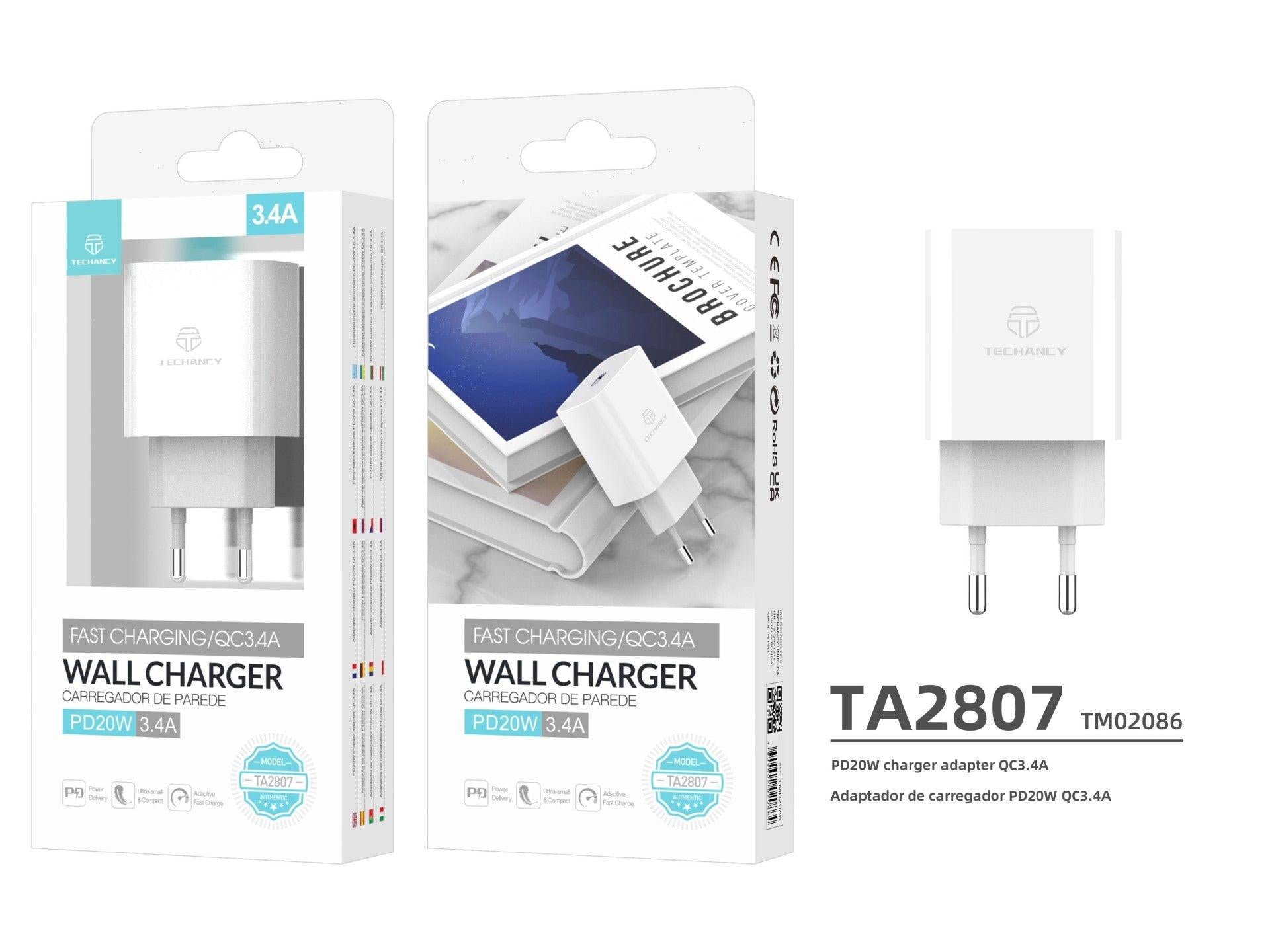 Techancy Carregador De Parede Pd Branco TA2807, Carregamento Rápido 3.4A Pd20W, Alimentação Inteligente Para Telemóvel-2