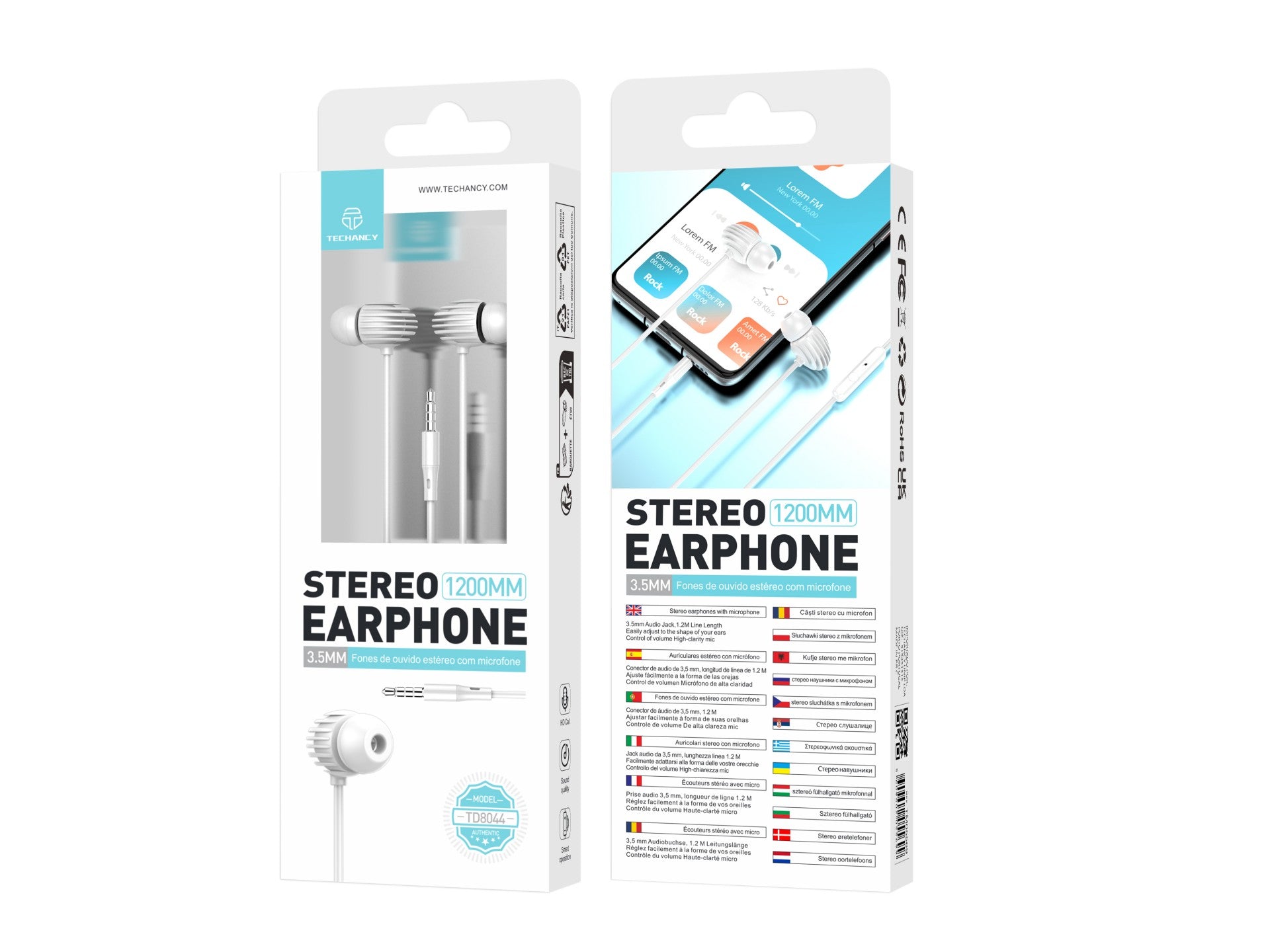 Techancy Auricular Com Fio Branco TD8044, 3,5 Mm Para Conversação Com Microfone, Compatível Com Som Estéreo Para Jogos REINA.