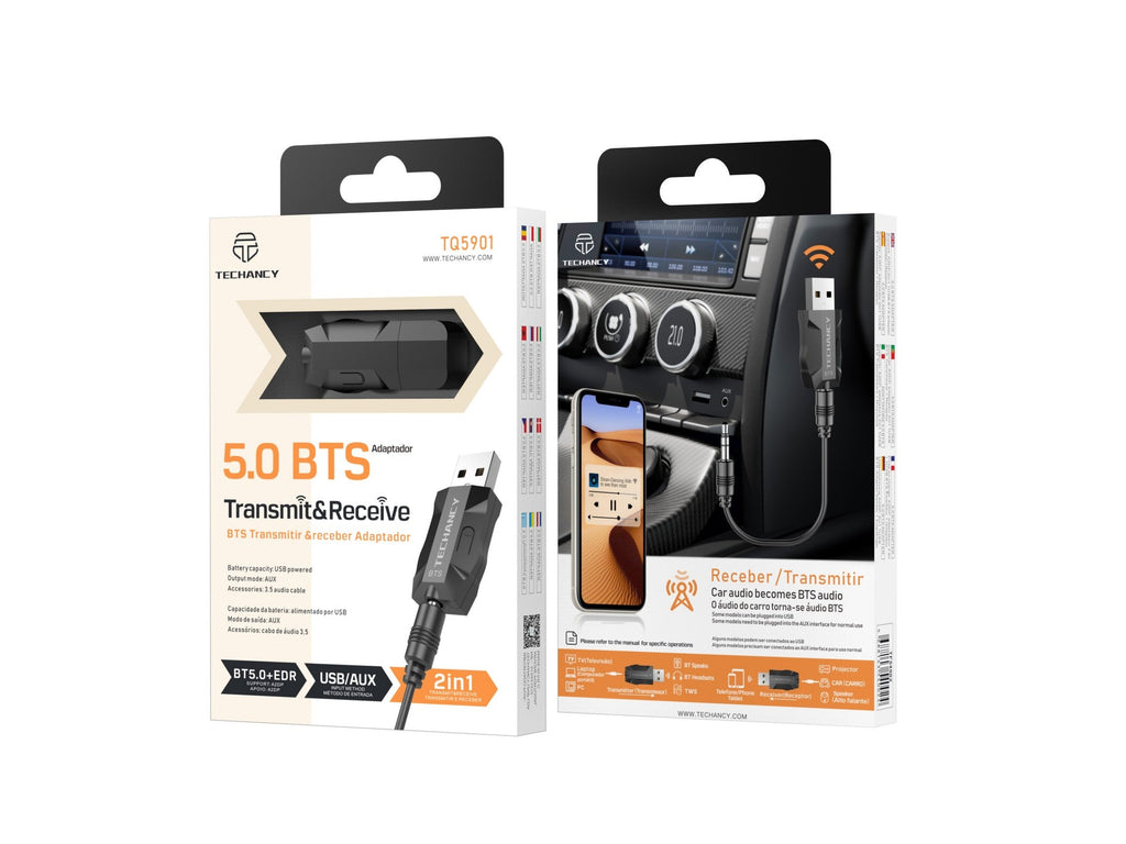 Adaptador Bluetooth sem fios 2 em 1 Techancy, TQ5901, suporta transmissão e receção de áudio Bluetooth, preto REINA.