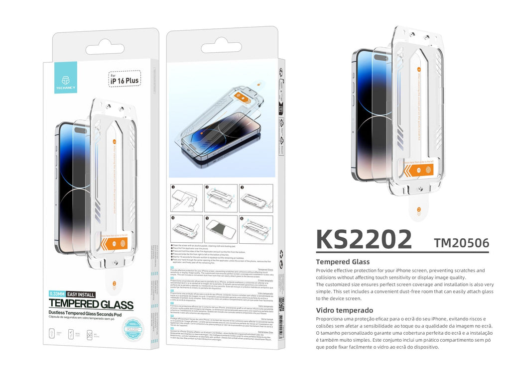Techancy Protetor De Ecrã De Vidro Temperado KS2202, Compatível Com O Iphone 16 Plus, Fornecido Com Caixa De Instalação Rápida REINA.
