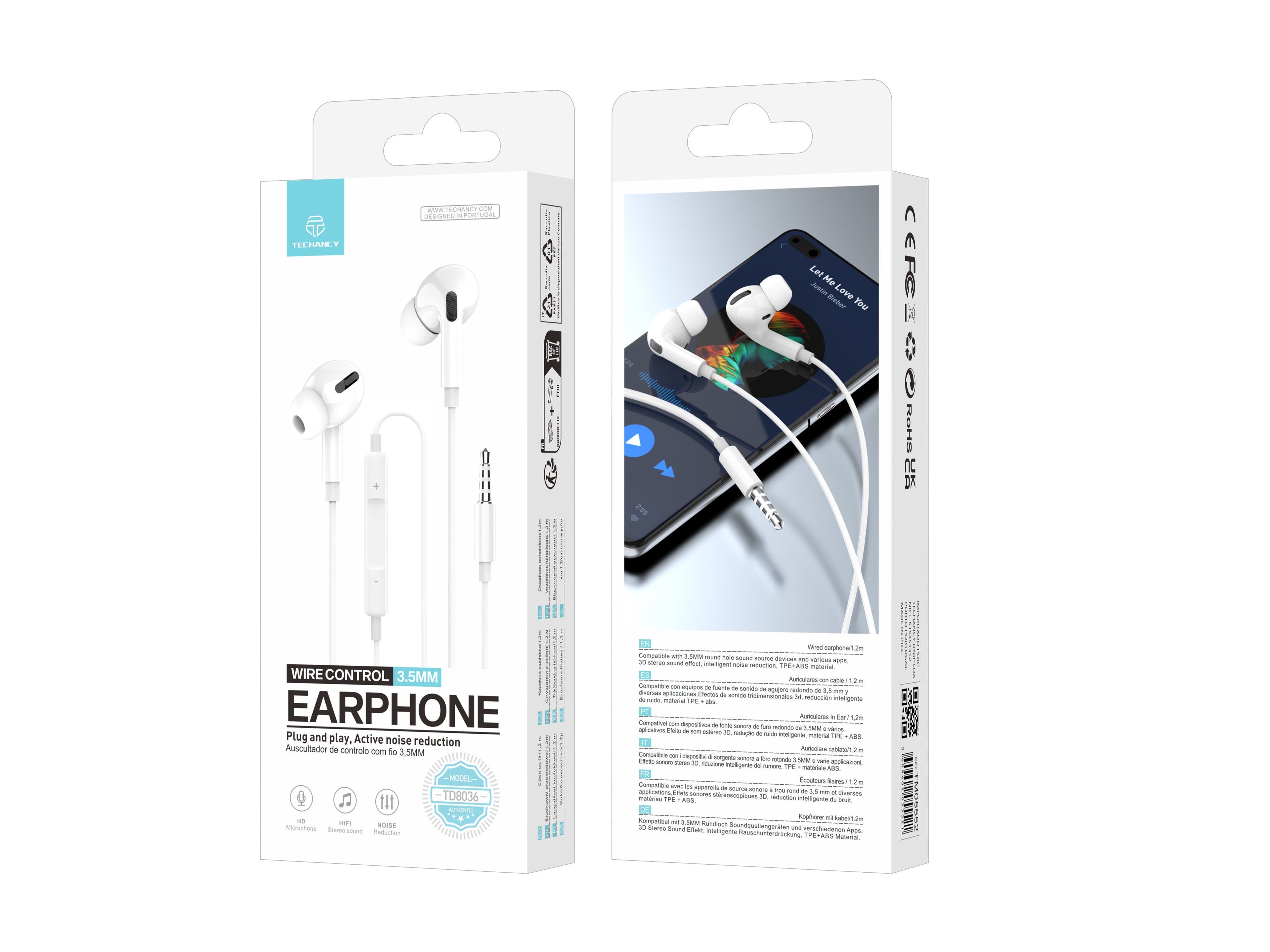 Techancy Auricular Com Fios Branco TD8036 , Microfone Integrado, 3,5 Mm, Compatível Com Smartphones E Tablets REINA.