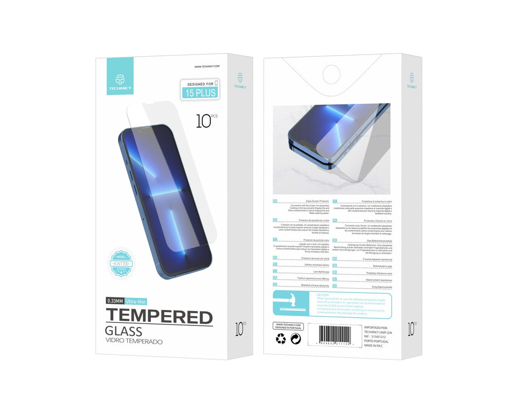 Techancy Película de Vidro Temperado  para iPhone 15 Plus KW1700 , 0.33MM, Anti-riscos, Alta Transparência, Fácil Aplicação REINA.