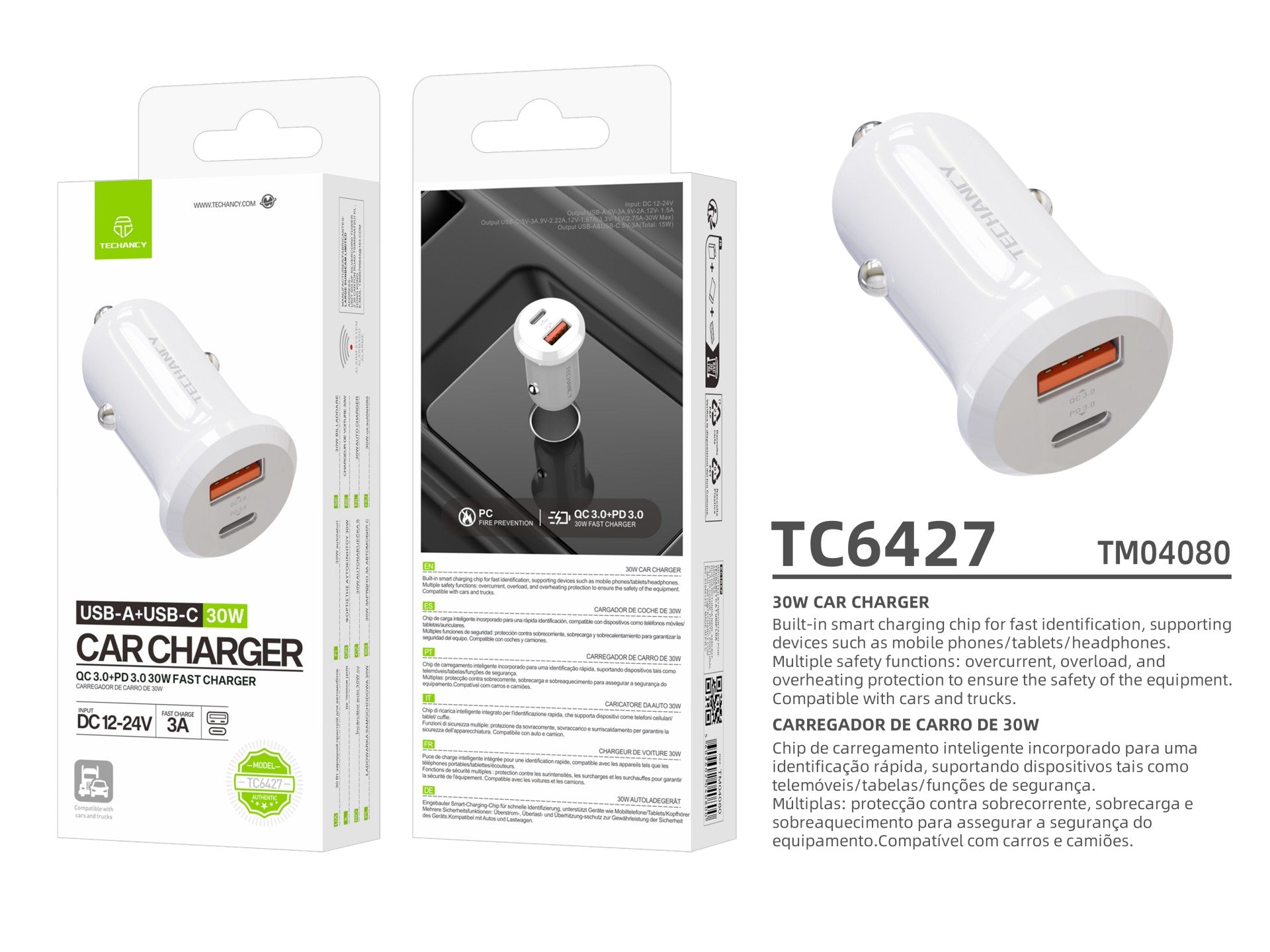 Techancy Carregador de Carro 30W TC6427 USB-A+USB-C Carregamento Rapido QC3.0 PD3.0 Compativel com Telemoveis Tablets Auriculares 12V-24V REINA.
