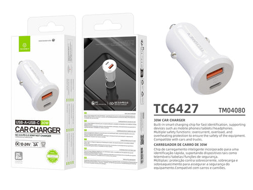Techancy Carregador de Carro 30W TC6427 USB-A+USB-C Carregamento Rapido QC3.0 PD3.0 Compativel com Telemoveis Tablets Auriculares 12V-24V REINA.