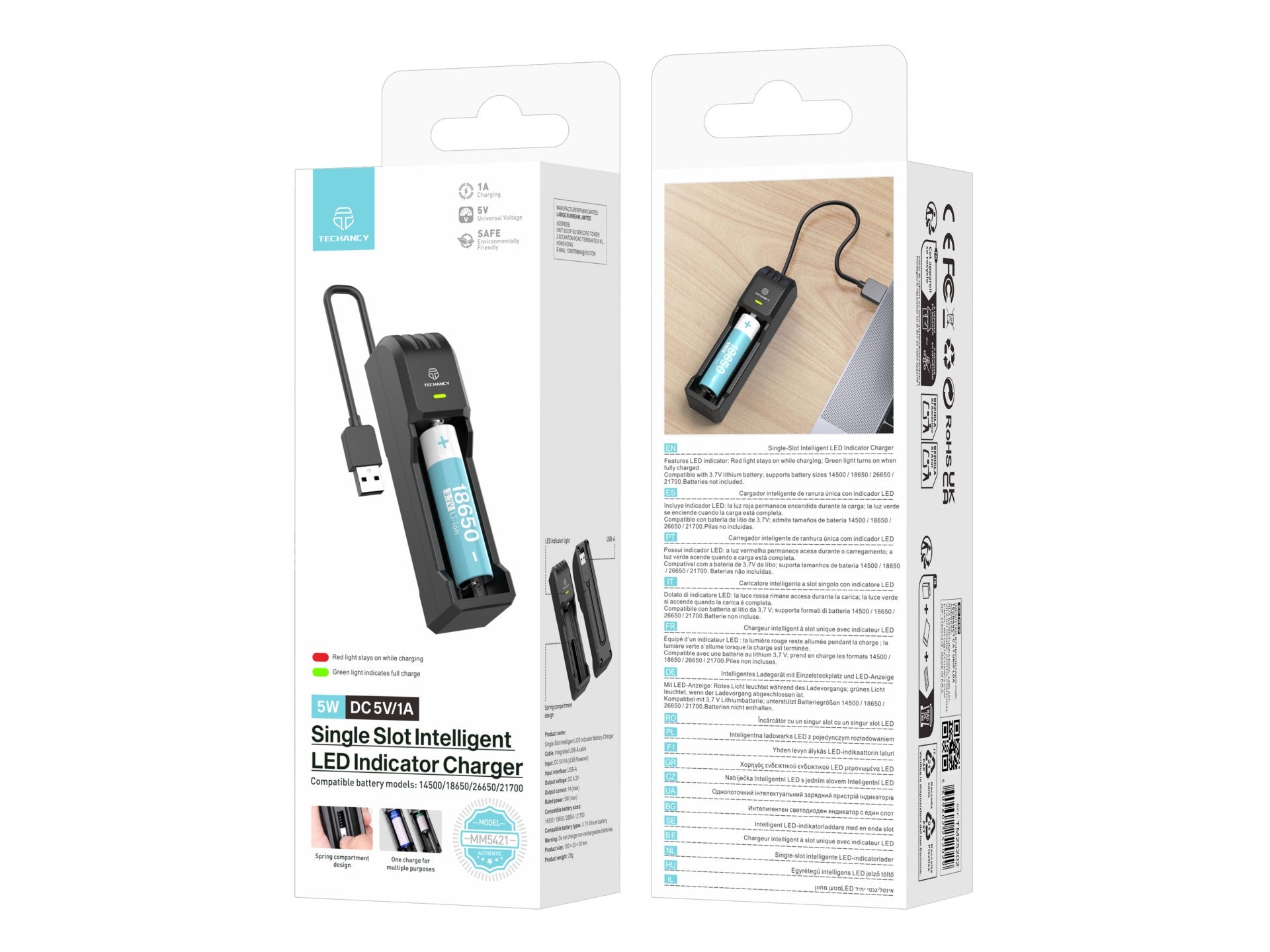 Techancy Carregador de bateria único MM5421 indicador LED compatível com 14500 18650 26650 21700 3.7V USB seguro portátil cor preta REINA.