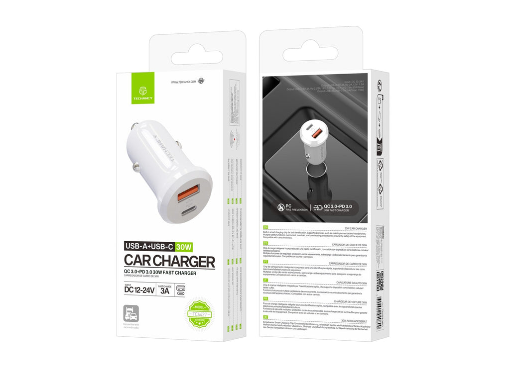 Techancy Carregador de Carro 30W TC6427 USB-A+USB-C Carregamento Rapido QC3.0 PD3.0 Compativel com Telemoveis Tablets Auriculares 12V-24V REINA.