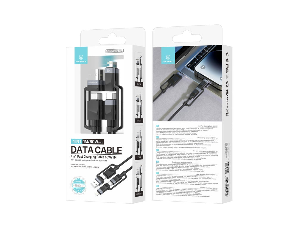 Techancy Cabo De Dados De Carregamento Rápido 4in1 Preto TB1741, 1m/60w, Combinação De Várias Portas A Condizer. REINA.