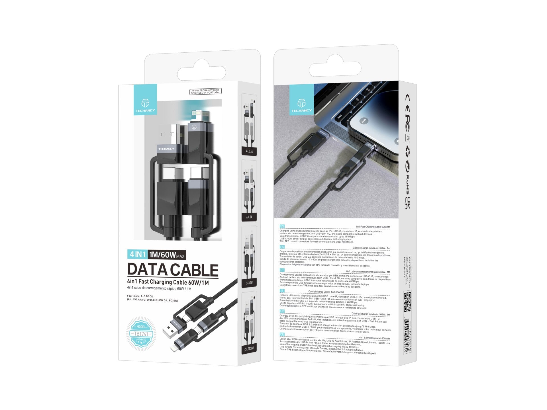 Techancy Cabo De Dados De Carregamento Rápido 4in1 Preto TB1741, 1m/60w, Combinação De Várias Portas A Condizer. REINA.