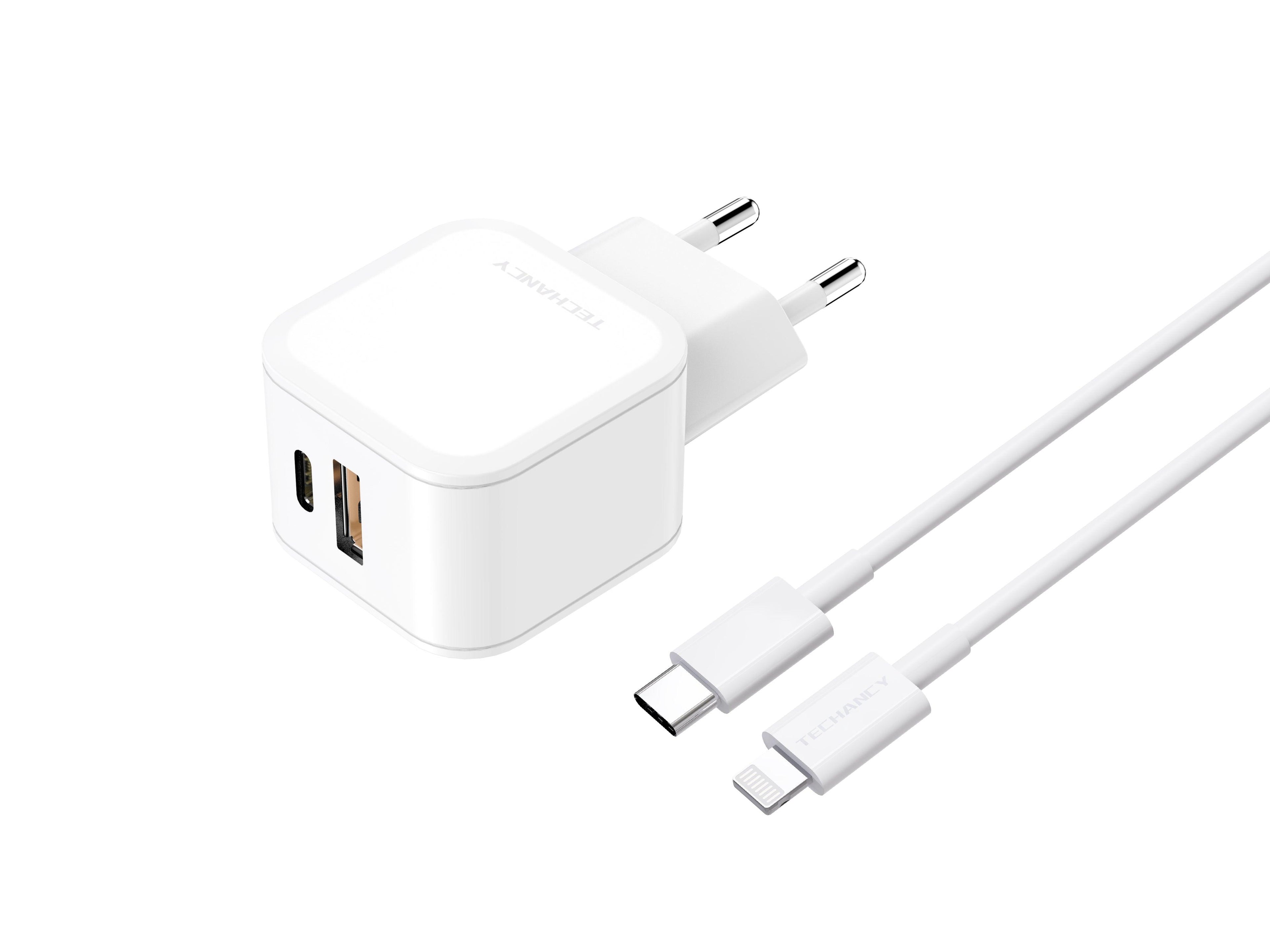 Techancy Carregador Rápido 43W Branco TA2813, Porta Dupla Pd+Usb, Conjunto De Cabos Usb C Para Lightning 1m/30w-1