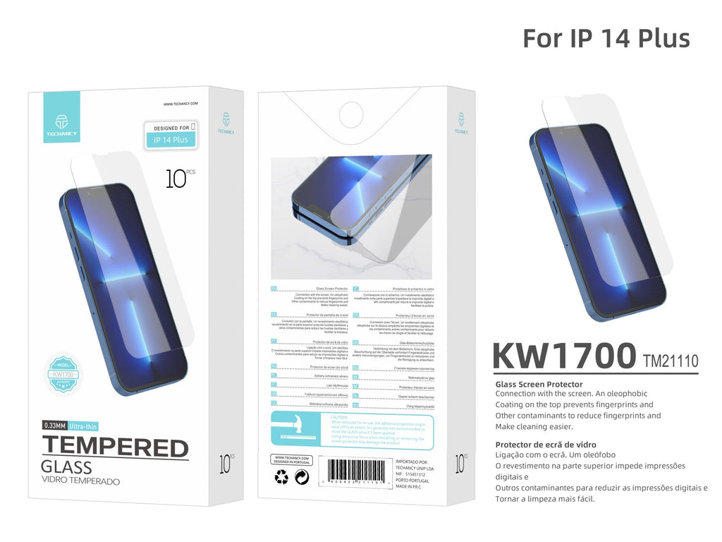 Techancy Película de Vidro Temperado  para iPhone 14 Pro KW1700 , 0.33MM, Anti-riscos, Alta Transparência, Fácil Aplicação REINA.