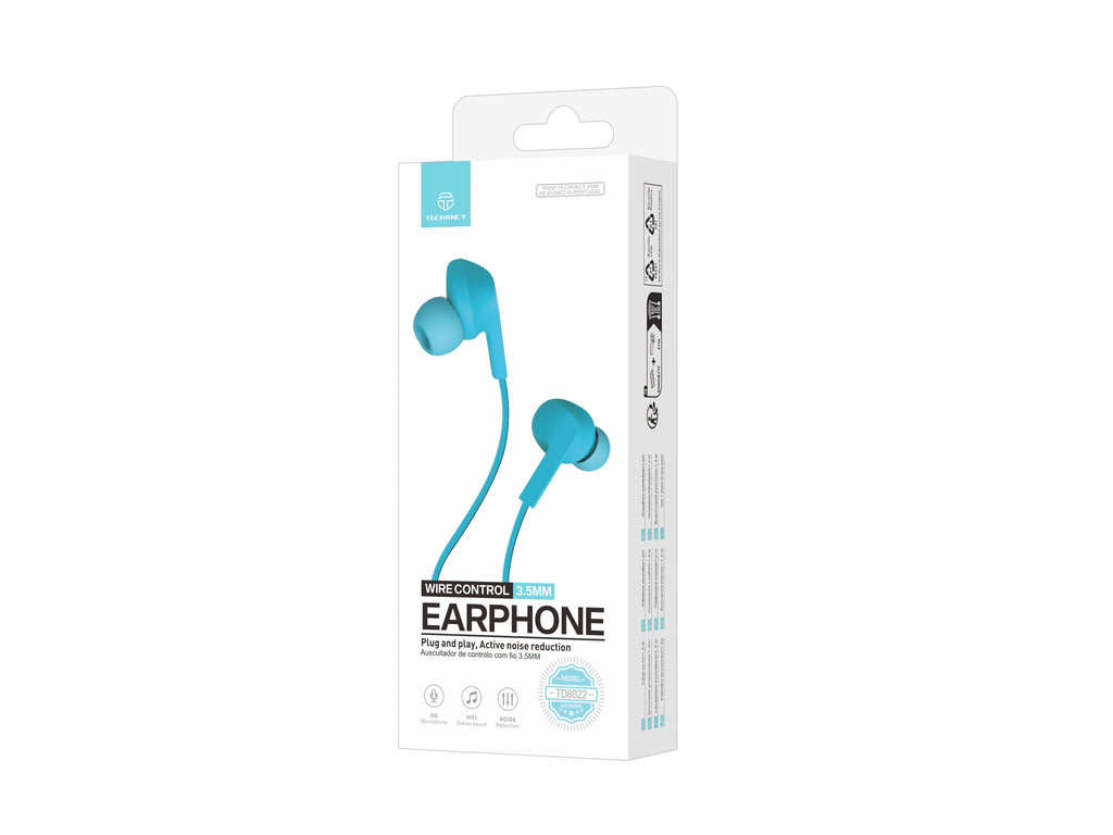 Techancy Auricular Com Fios Azul  TD8022 , Microfone Integrado, 3,5 Mm, Compatível Com Smartphones E Tablets REINA.