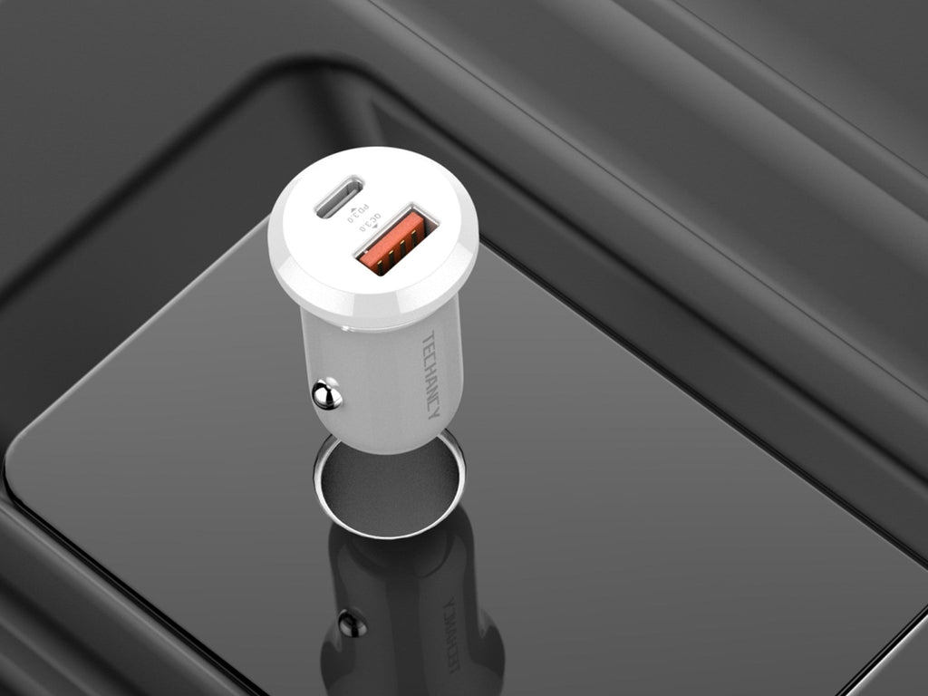 Techancy Carregador de Carro 30W TC6427 USB-A+USB-C Carregamento Rapido QC3.0 PD3.0 Compativel com Telemoveis Tablets Auriculares 12V-24V REINA.