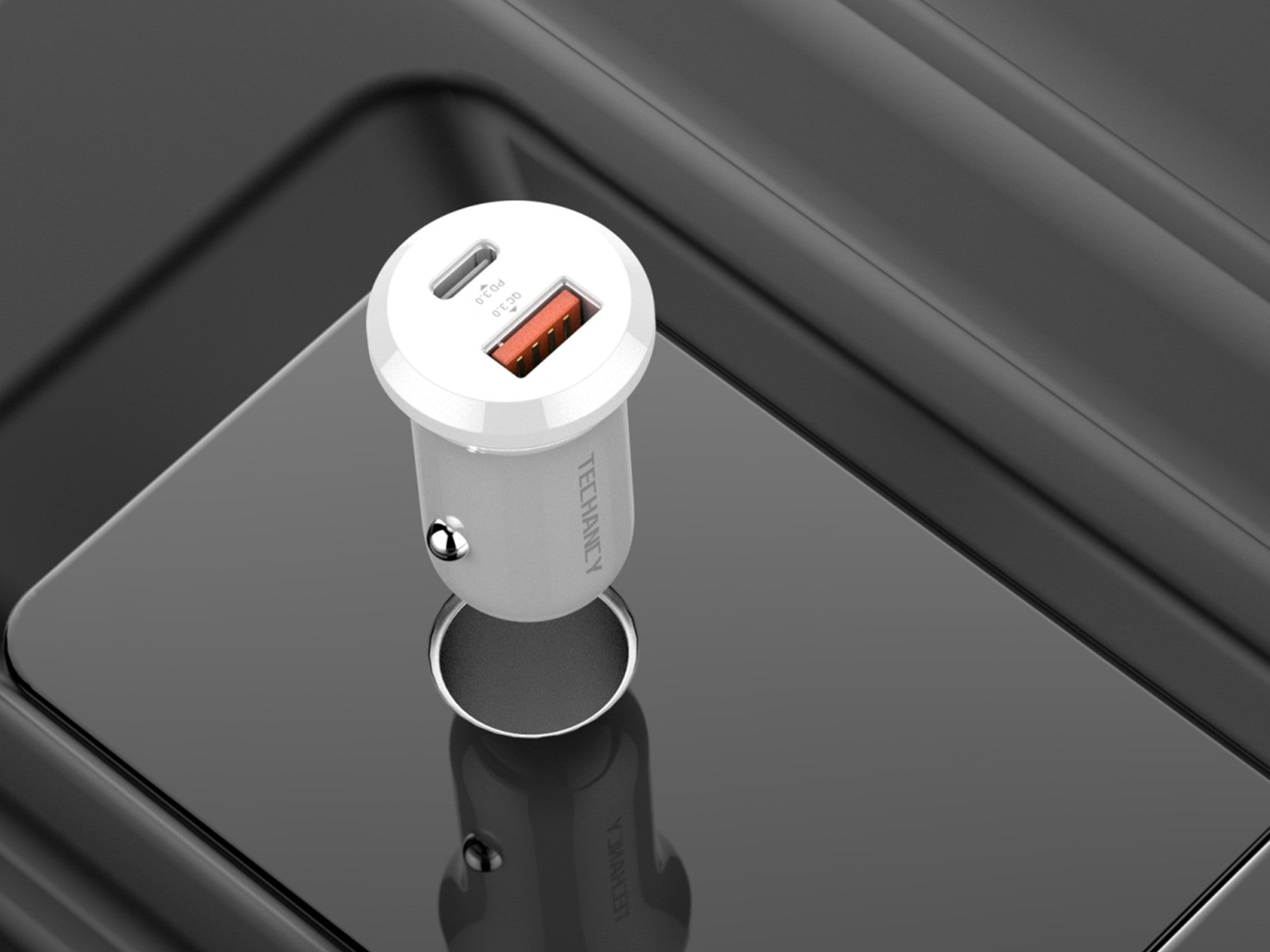 Techancy Carregador de Carro 30W TC6427 USB-A+USB-C Carregamento Rapido QC3.0 PD3.0 Compativel com Telemoveis Tablets Auriculares 12V-24V REINA.