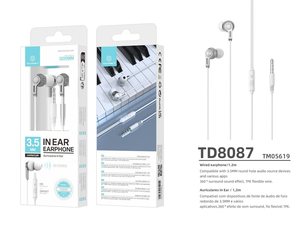 Techancy Auscultadores Intra-Auriculares De 3,5 Mm Brancos De 1,2 M TD8087, Som Estéreo Surround, Experiência Premium.-2