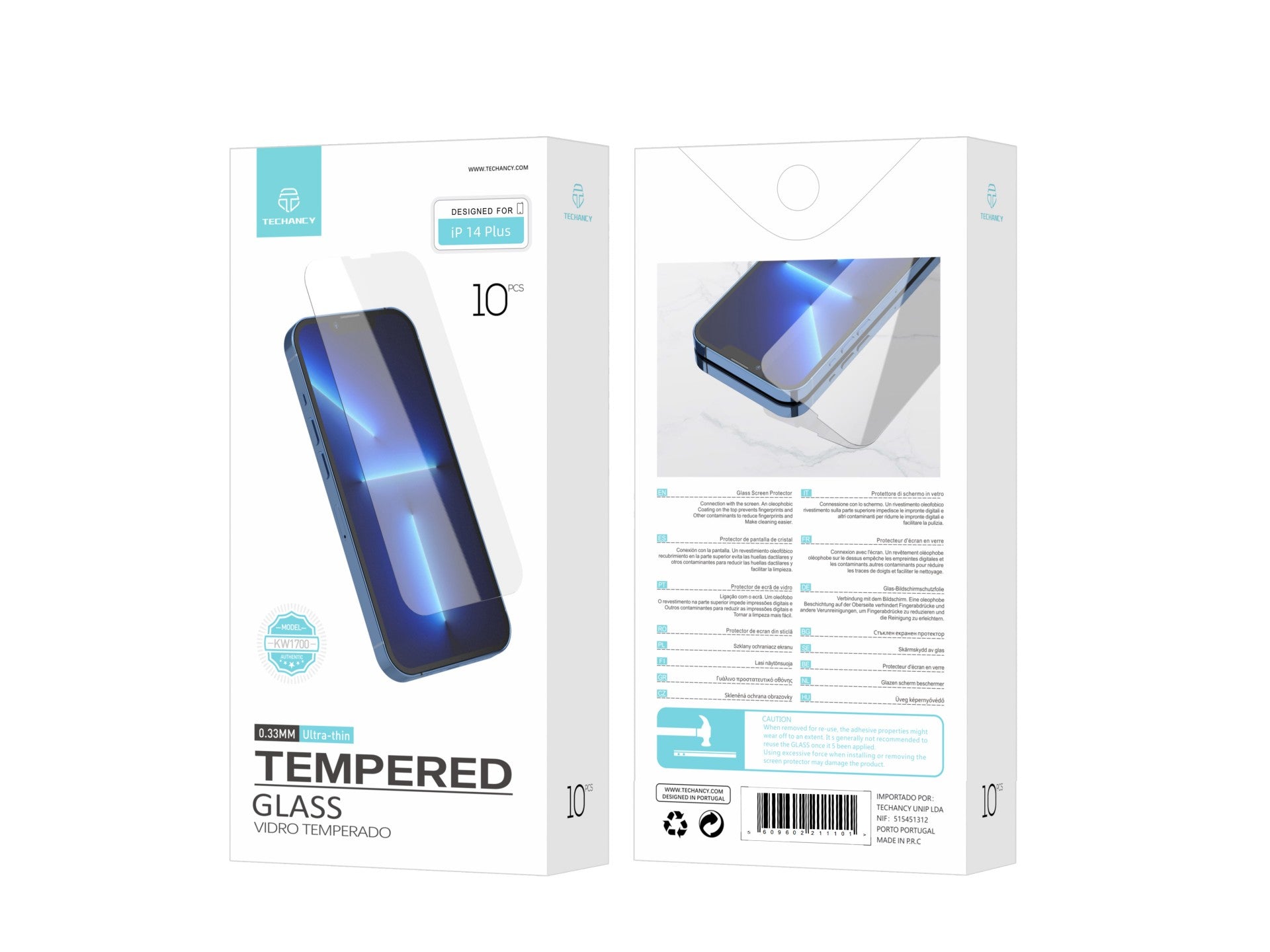 Techancy Película de Vidro Temperado  para iPhone 14 Pro KW1700 , 0.33MM, Anti-riscos, Alta Transparência, Fácil Aplicação REINA.