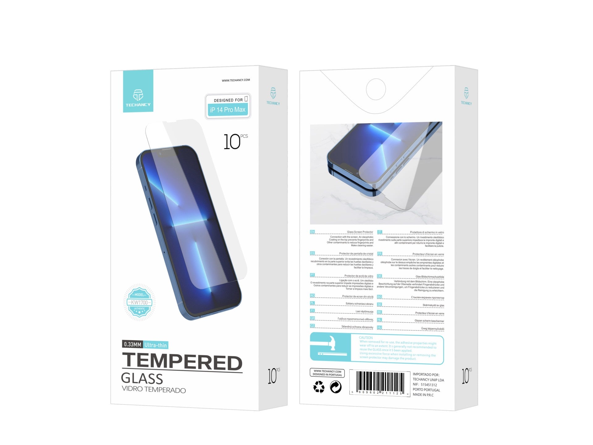 Techancy Película de Vidro Temperado  para iPhone 14 Pro Max KW1700 , 0.33MM, Anti-riscos, Alta Transparência, Fácil Aplicação REINA.