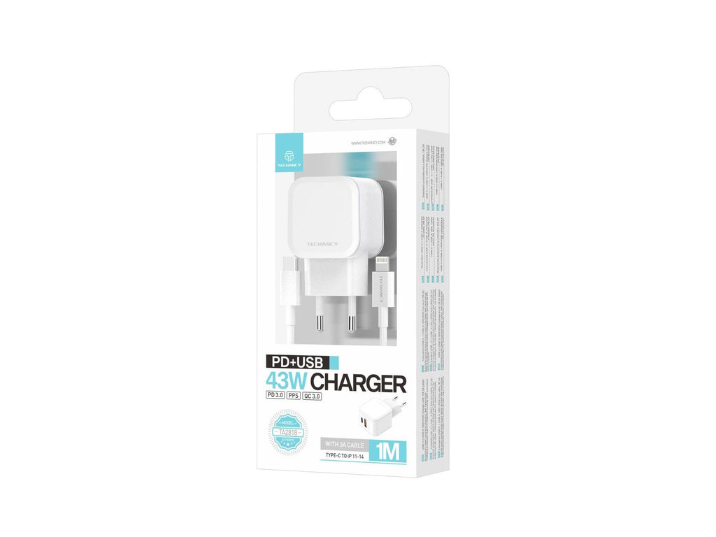 Techancy Carregador Rápido 43W Branco TA2813, Porta Dupla Pd+Usb, Conjunto De Cabos Usb C Para Lightning 1m/30w-3