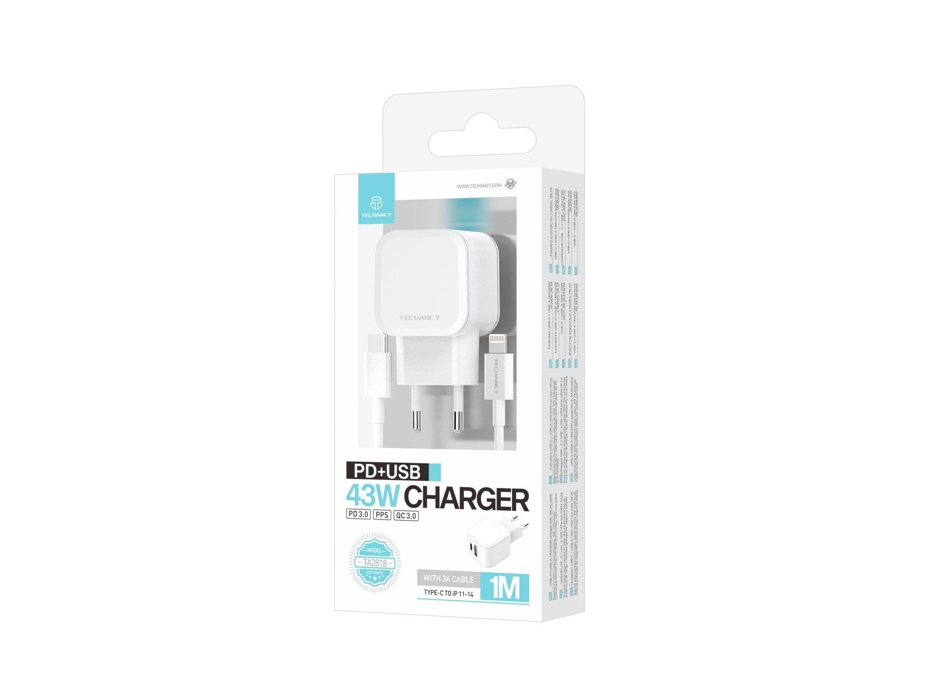 Techancy Carregador Rápido 43W Branco TA2813, Porta Dupla Pd+Usb, Conjunto De Cabos Usb C Para Lightning 1m/30w-3