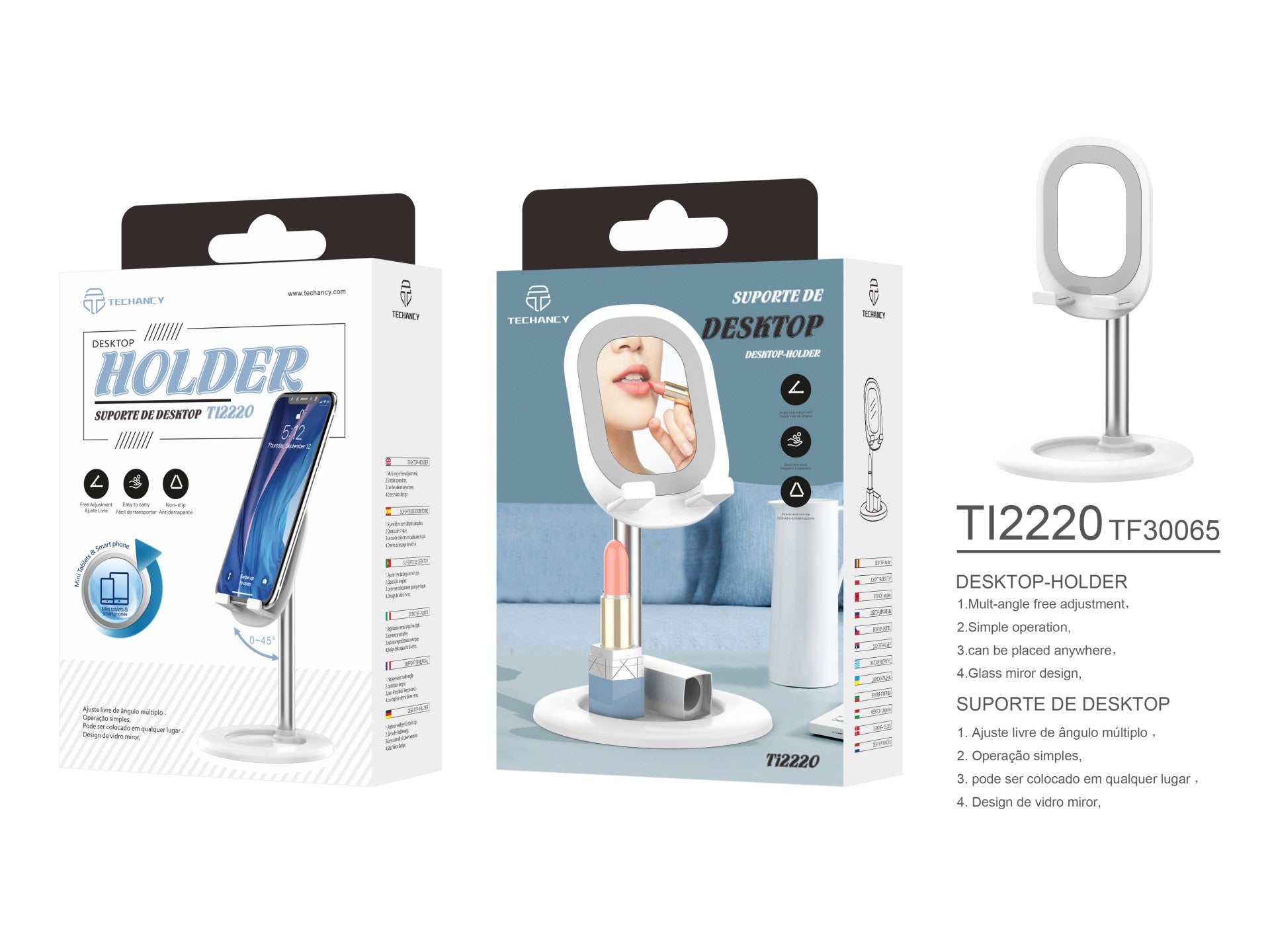 Suporte para telemóvel Techancy com espelho, TI2220, branco REINA.