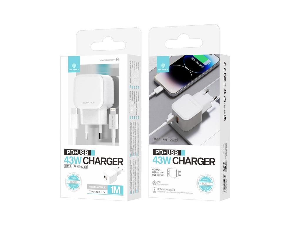 Techancy Carregador Rápido 43W Branco TA2813, Porta Dupla Pd+Usb, Conjunto De Cabos Usb C Para Lightning 1m/30w-4